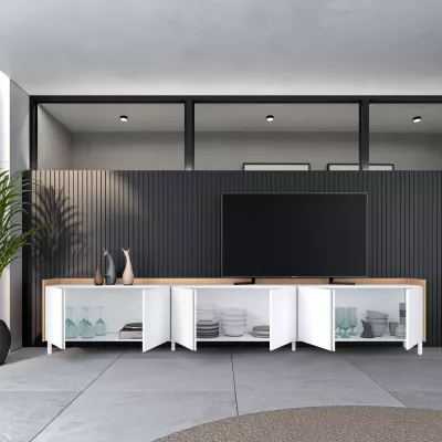 Meuble TV clair design industriel | blanc et chêne