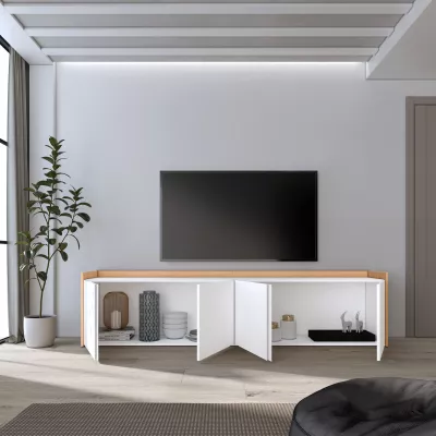 Meuble TV clair | Blanc et chêne | 207x50x35cm