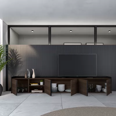 Mueble TV almacenamiento roble oscuro y negro 309x35x50cm