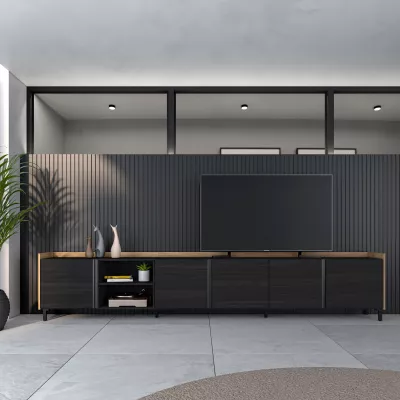 Mueble TV con almacenaje negro y roble 309x35x61cm