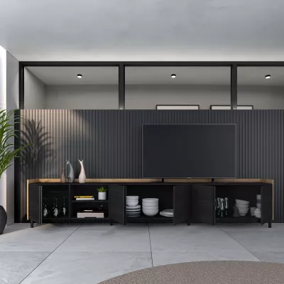 Mueble TV con almacenaje negro y roble 309x35x61cm