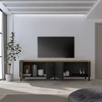 Mueble TV negro y roble 207x35x61 cm