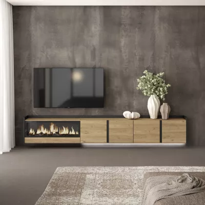 Mueble TV suspendido con chimenea eléctrica y luces LED