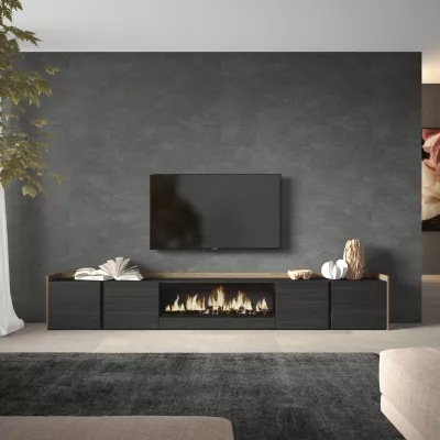 Mueble TV con chimenea eléctrica | negro y roble