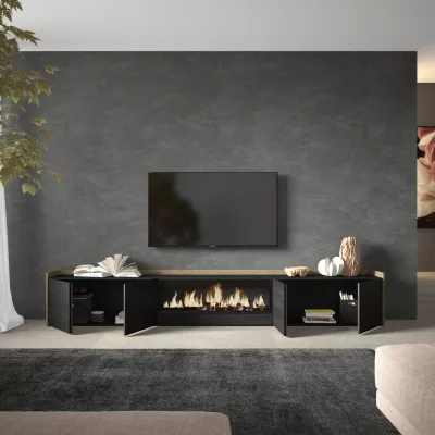 Mueble TV con chimenea eléctrica | negro y roble