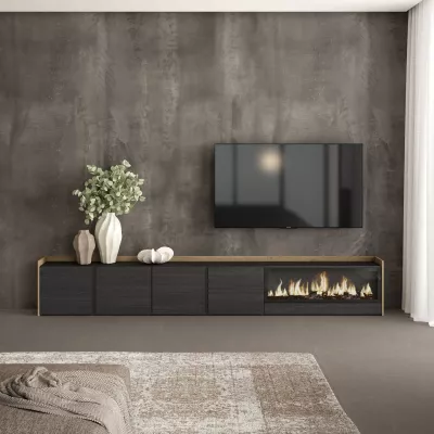 Mueble TV con chimenea eléctrica | negro y roble