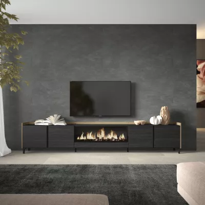 Mueble TV con chimenea eléctrica negro y roble 315x35x61cm