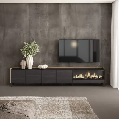 Mueble TV con chimenea eléctrica negro y roble 315x35x61cm