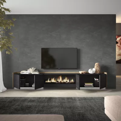 Mueble TV con chimenea eléctrica, suspendido y luz LED