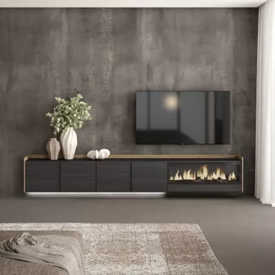 Mueble TV con chimenea eléctrica, suspendido y luz LED