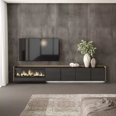 Meuble TV avec cheminée électrique, suspendu et éclairage LED