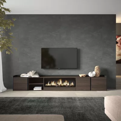 Meuble TV avec cheminée électrique | chêne foncé et noir