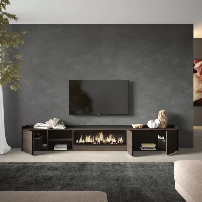 Mueble TV con chimenea eléctrica | roble oscuro y negro