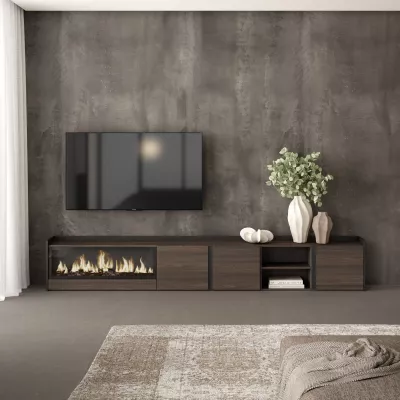 Mueble TV con chimenea eléctrica | roble oscuro y negro