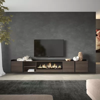Mueble TV con chimenea roble oscuro y negro 315x50x35cm