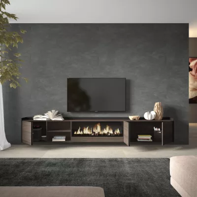 Mueble TV con chimenea roble oscuro y negro 315x50x35cm