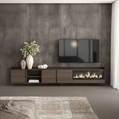Mueble TV con chimenea roble oscuro y negro 315x50x35cm