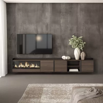 Mueble TV con chimenea roble oscuro y negro 315x50x35cm