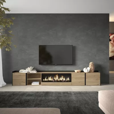 Mueble TV con chimenea eléctrica | roble y negro