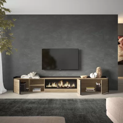 Mueble TV con chimenea eléctrica | roble y negro