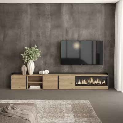 Mueble TV con chimenea eléctrica | roble y negro