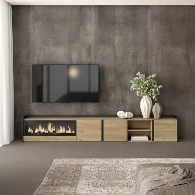 Mueble TV con chimenea eléctrica | roble y negro