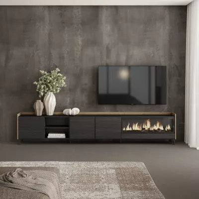 Mueble TV con chimenea eléctrica negro y roble 315x35x61cm
