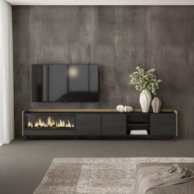 Mueble TV con chimenea eléctrica negro y roble 315x35x61cm