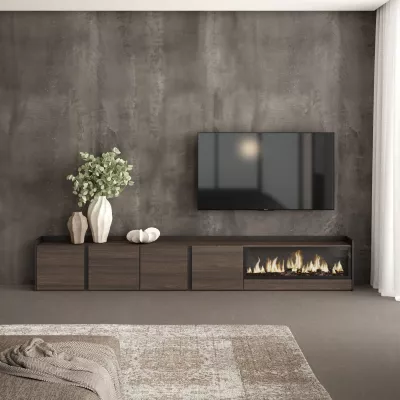 Meuble TV avec cheminée électrique | Chêne foncé et Noir