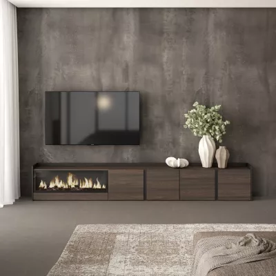 Meuble TV avec cheminée électrique | Chêne foncé et Noir