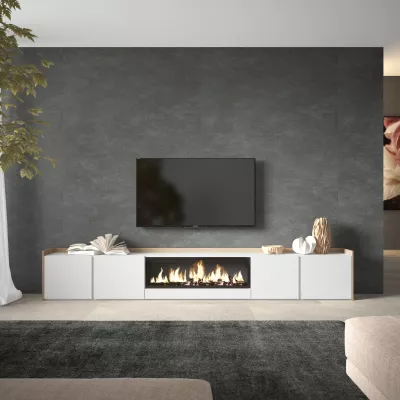 Mueble TV con chimenea eléctrica claro | Blanco y roble