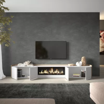 Mueble TV con chimenea eléctrica claro | Blanco y roble