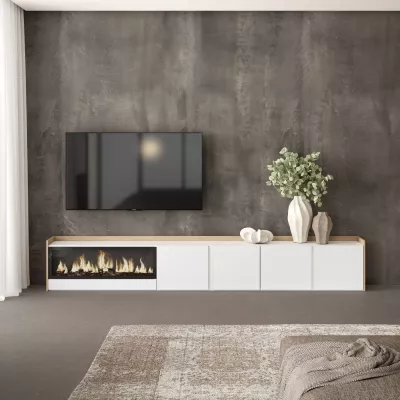 Mueble TV con chimenea eléctrica claro | Blanco y roble