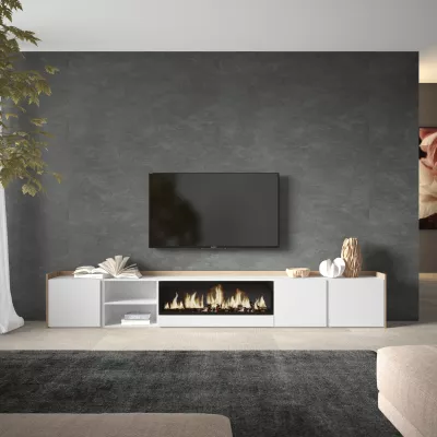 Meuble TV avec cheminée électrique clair | Blanc et chêne