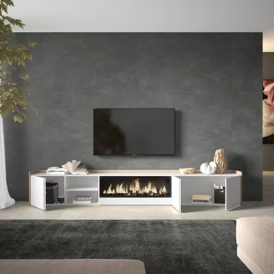 Meuble TV avec cheminée électrique clair | Blanc et chêne