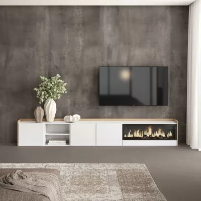 Meuble TV avec cheminée électrique clair | Blanc et chêne