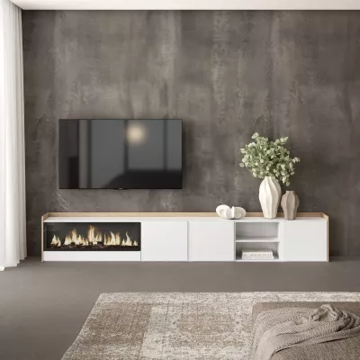 Meuble TV avec cheminée électrique clair | Blanc et chêne