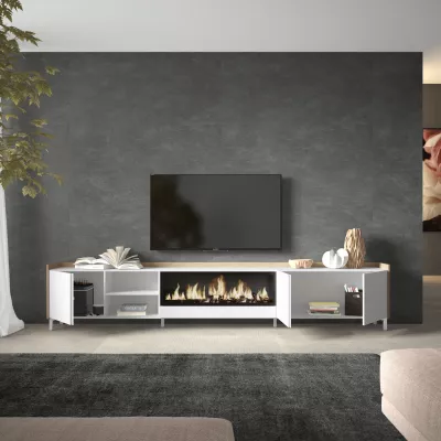 Mueble TV con chimenea eléctrica blanco y roble 315x61x35cm