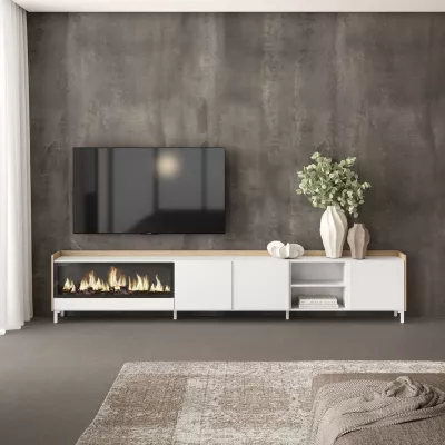 Mueble TV con chimenea eléctrica blanco y roble 315x61x35cm