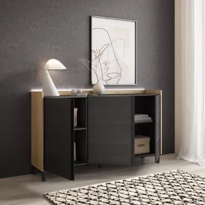 Aparador 3 puertas LED negro y roble 156x35x91cm