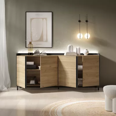 Aparador LED 4 puertas roble y negro 207x35x91cm