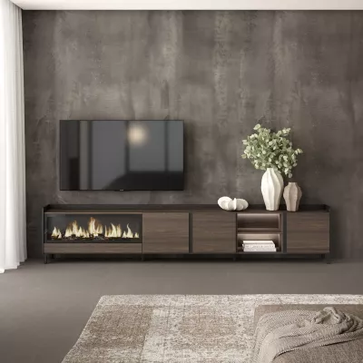 Meuble TV avec cheminée électrique et éclairage LED industriel