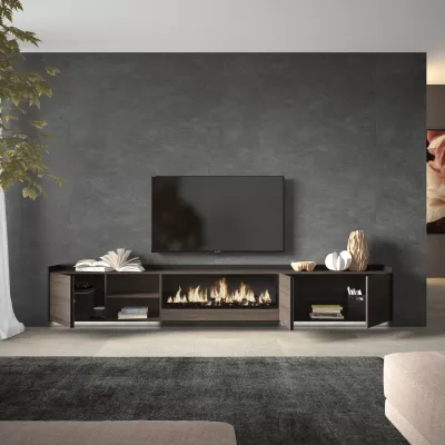 Mueble TV suspendido con chimenea eléctrica y luces LED
