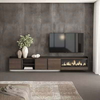 Mueble TV suspendido con chimenea eléctrica y luces LED