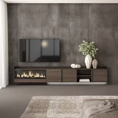 Mueble TV suspendido con chimenea eléctrica y luces LED