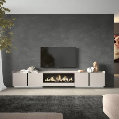 Mueble TV suspendido con chimenea eléctrica y luces LED