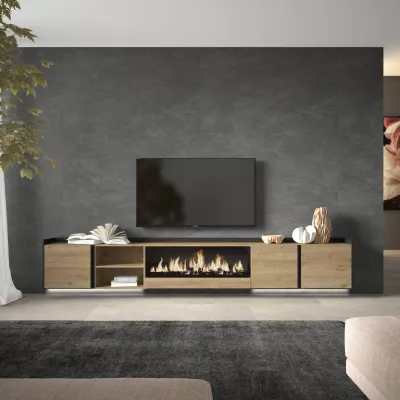 Mueble TV con chimenea eléctrica y luces LED suspendido