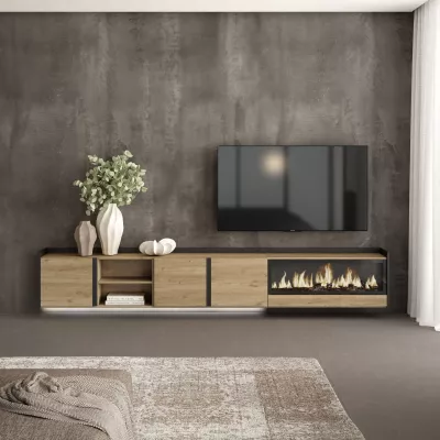 Mueble TV con chimenea eléctrica y luces LED suspendido