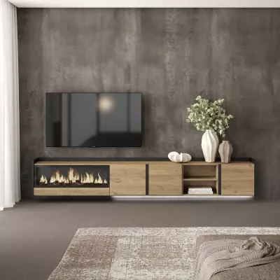 Mueble TV con chimenea eléctrica y luces LED suspendido
