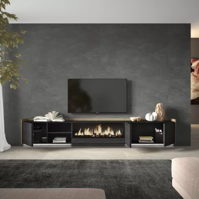 Mueble TV con chimenea eléctrica y luces LED suspendido